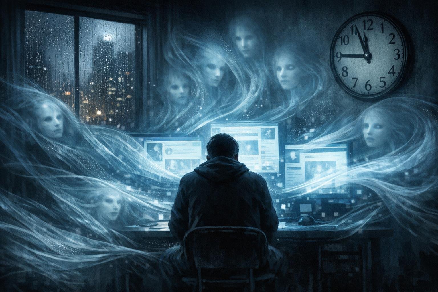 Emberek a kijelzők előtt a média negatív hatásait szemléltetve mindennapjaikban.