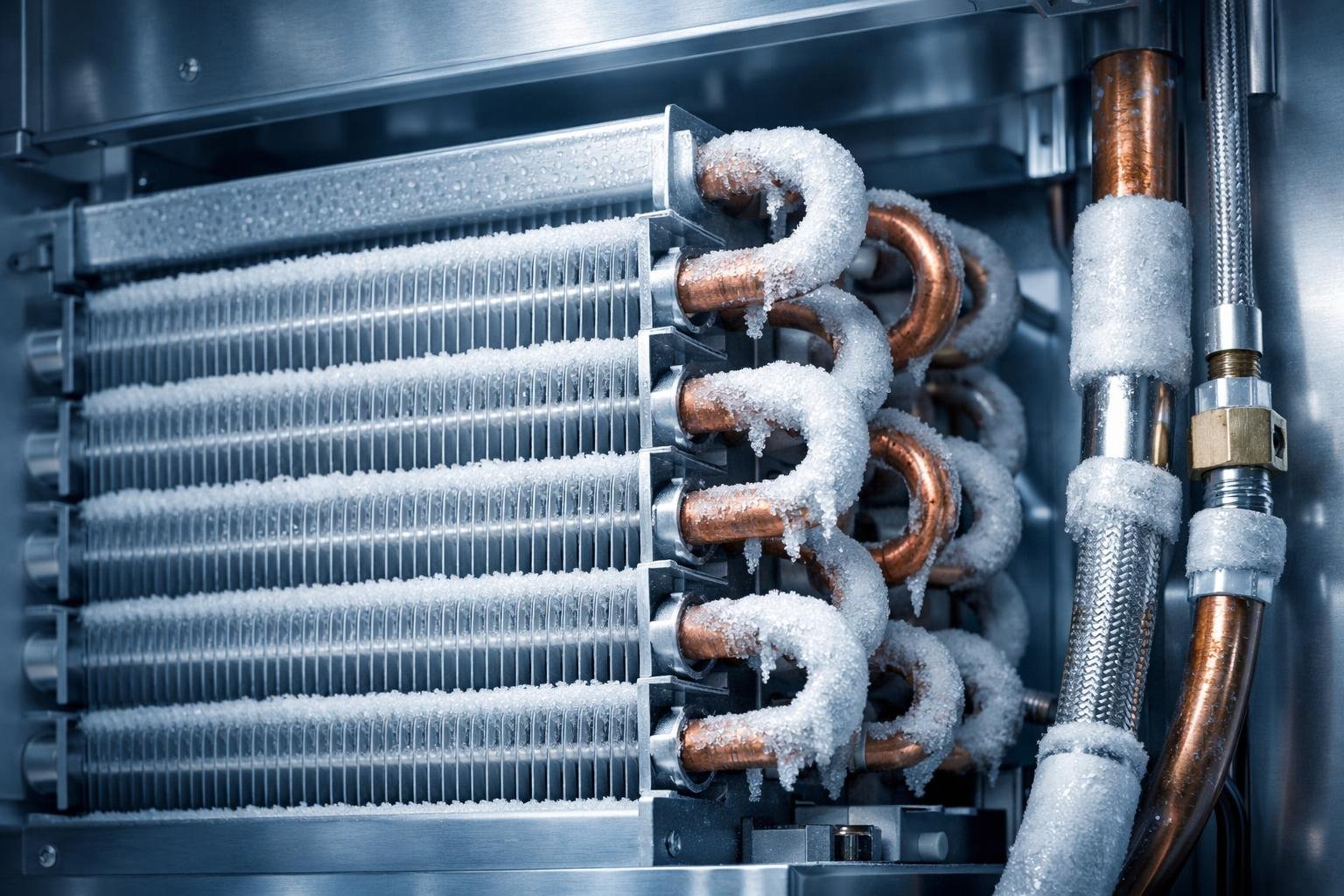 Az ábra egy párologtatóval dolgozó hűtőrendszert és energiamegtakarító folyamatait mutatja.