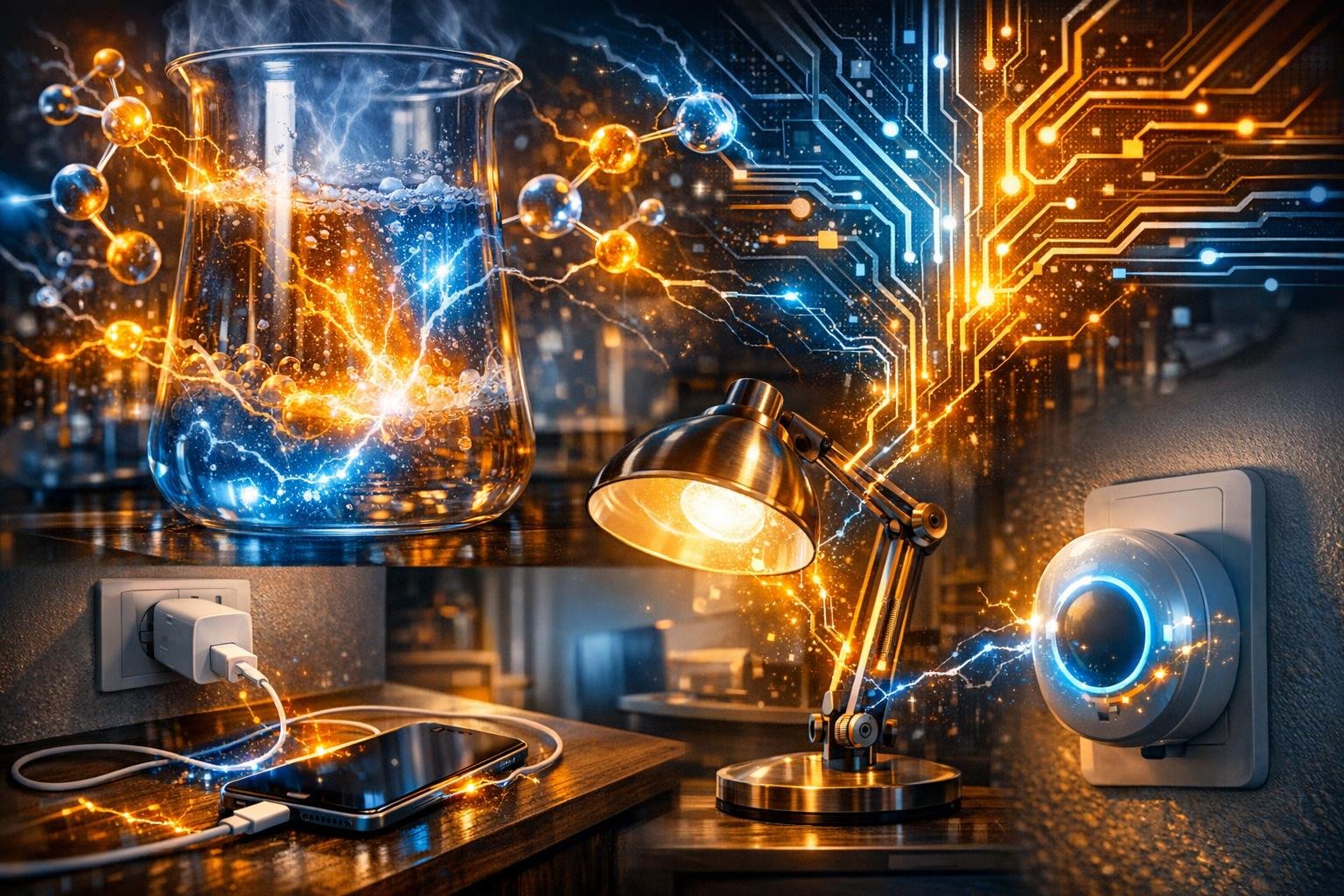 Kísérleti laborban látható elektrogyorsított kémiai reakciók és eszközök, mérőműszerek és vezetékek