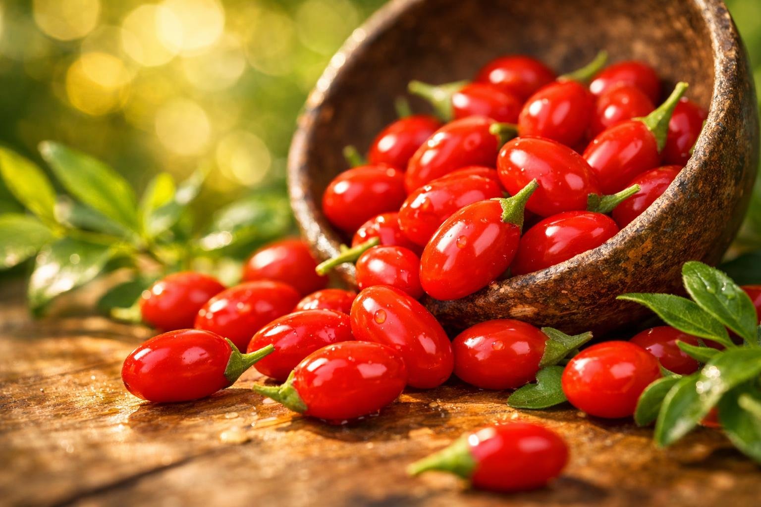 Piros goji bogyók friss gyümölcsös háttérrel, gazdag tápanyagokkal és antioxidánsokkal
