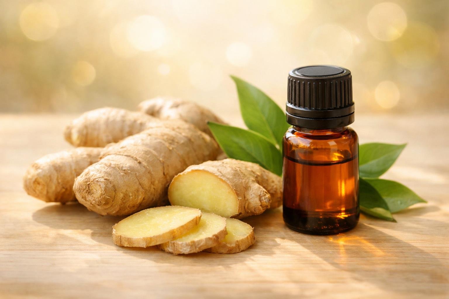 Gyömbérolaj üvegével, illatos gyömbérdarabokkal és természetes aromaterápiás környezettel csillogó fényben megvilágítva.
