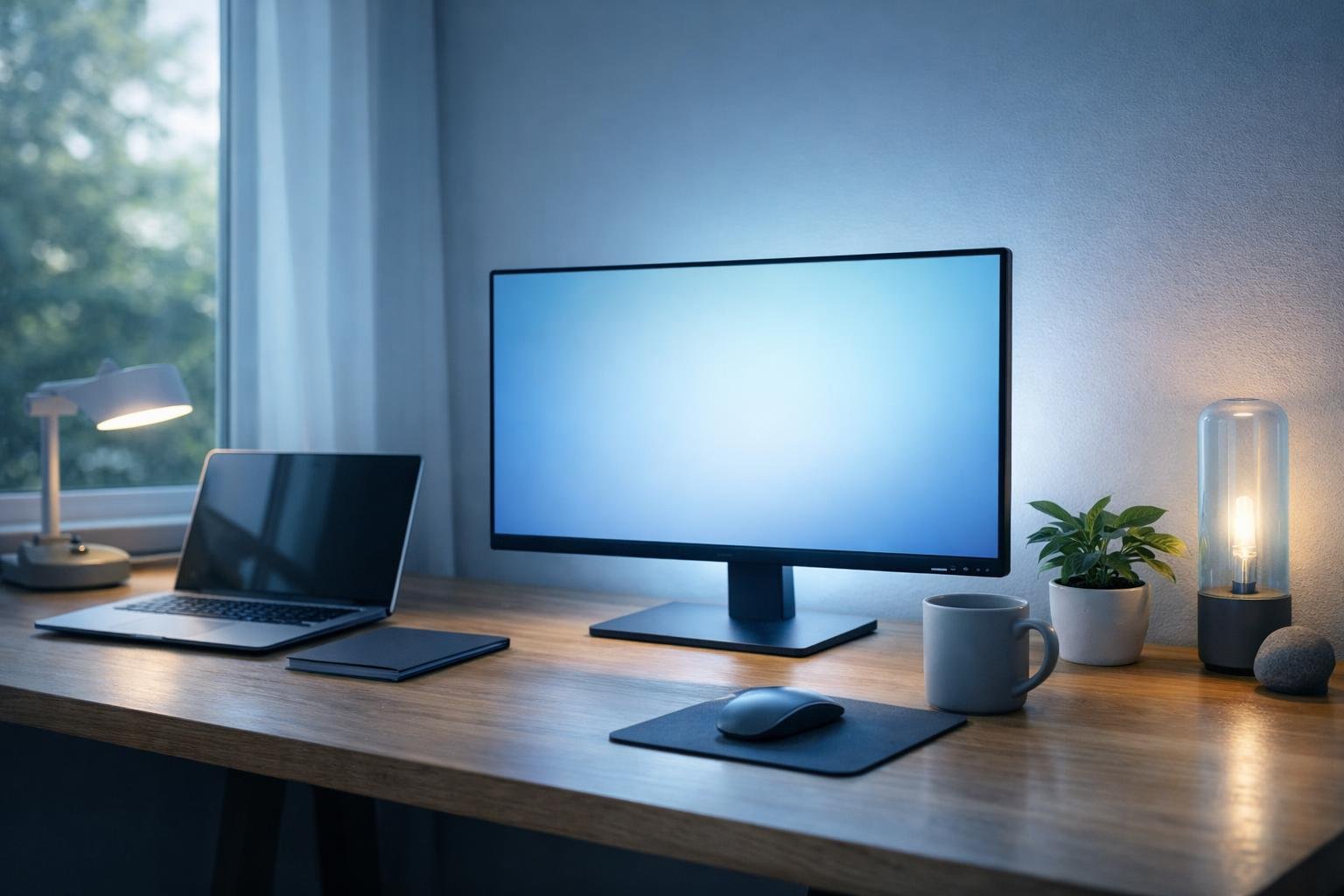 Kiemelkedő LED-monitor energiatakarékos és szemkímélő technológiákkal a modern munkaasztalon, design és fenntarthatóság szem előtt.