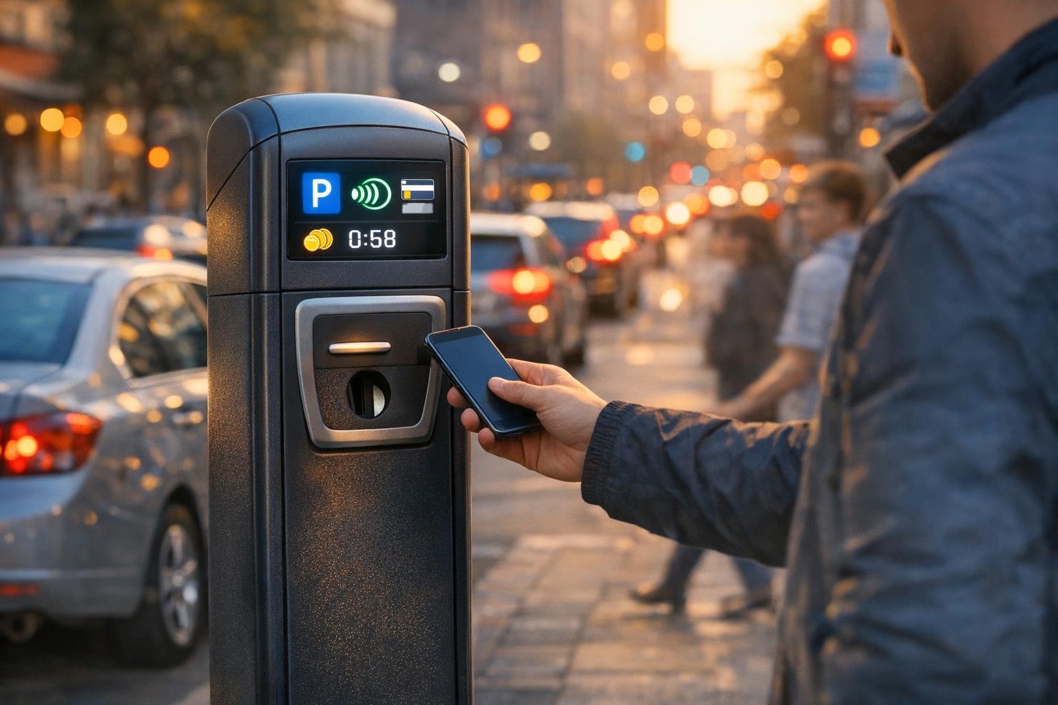 Utcai parkolóautomata előtt álló személy, nyugodtan használja a különféle fizetési lehetőségeket